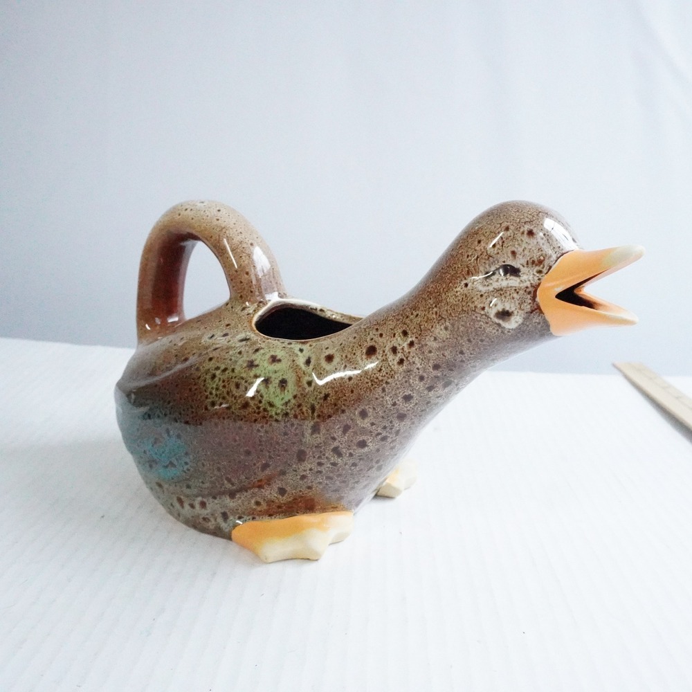 Ceramic Duck Pitcher Cream Brown Speckled Orange Beak Handle Farm Whimsical